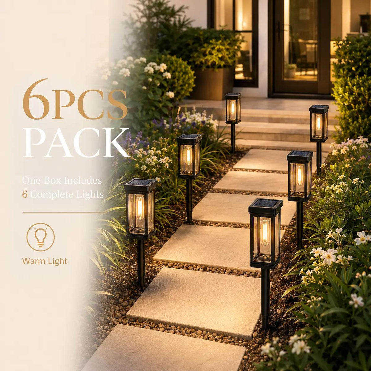 6 Pack Solar Pathway Lights Outdoor, Warm White Waterproof Garden Stake Lights