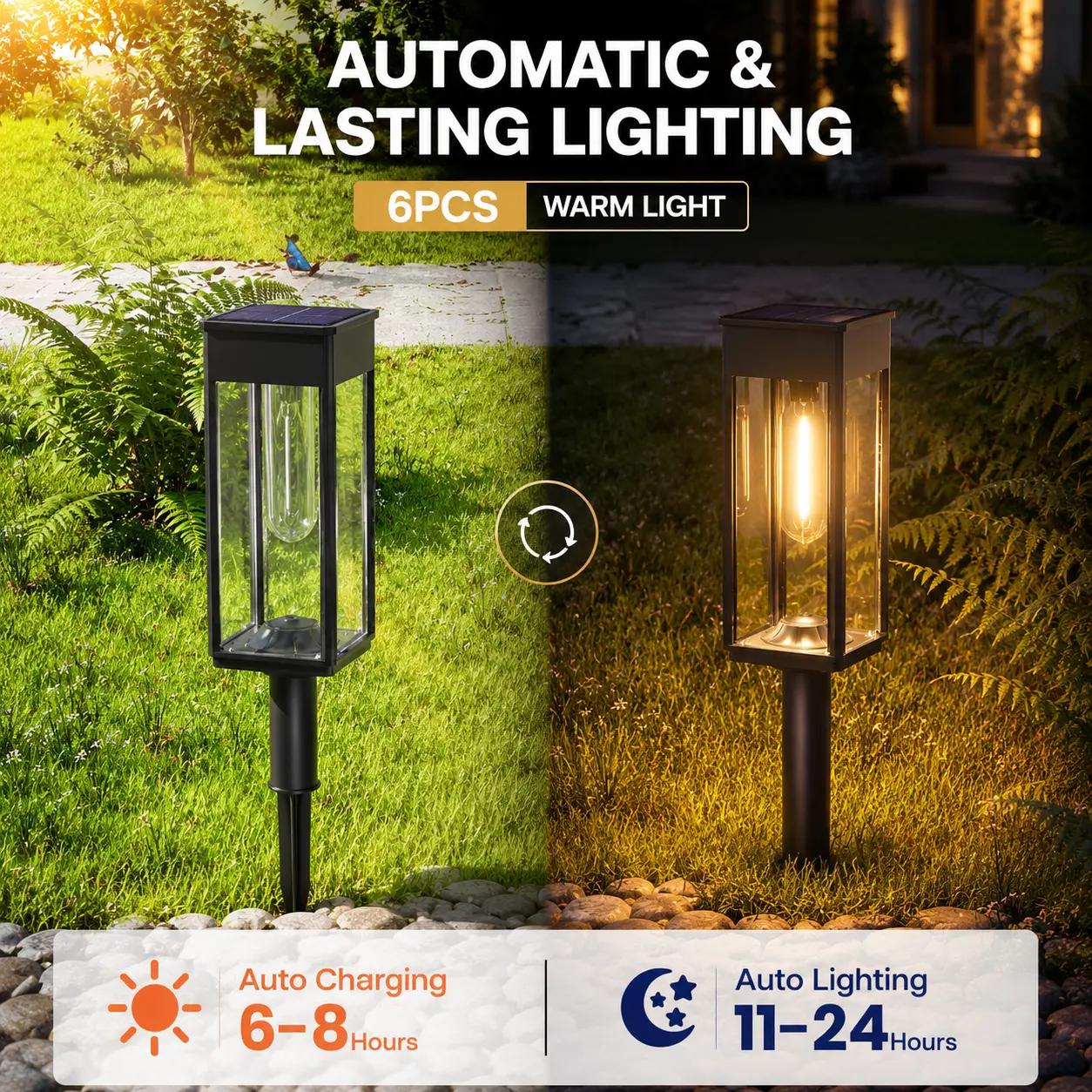 6 Pack Solar Pathway Lights Outdoor, Warm White Waterproof Garden Stake Lights